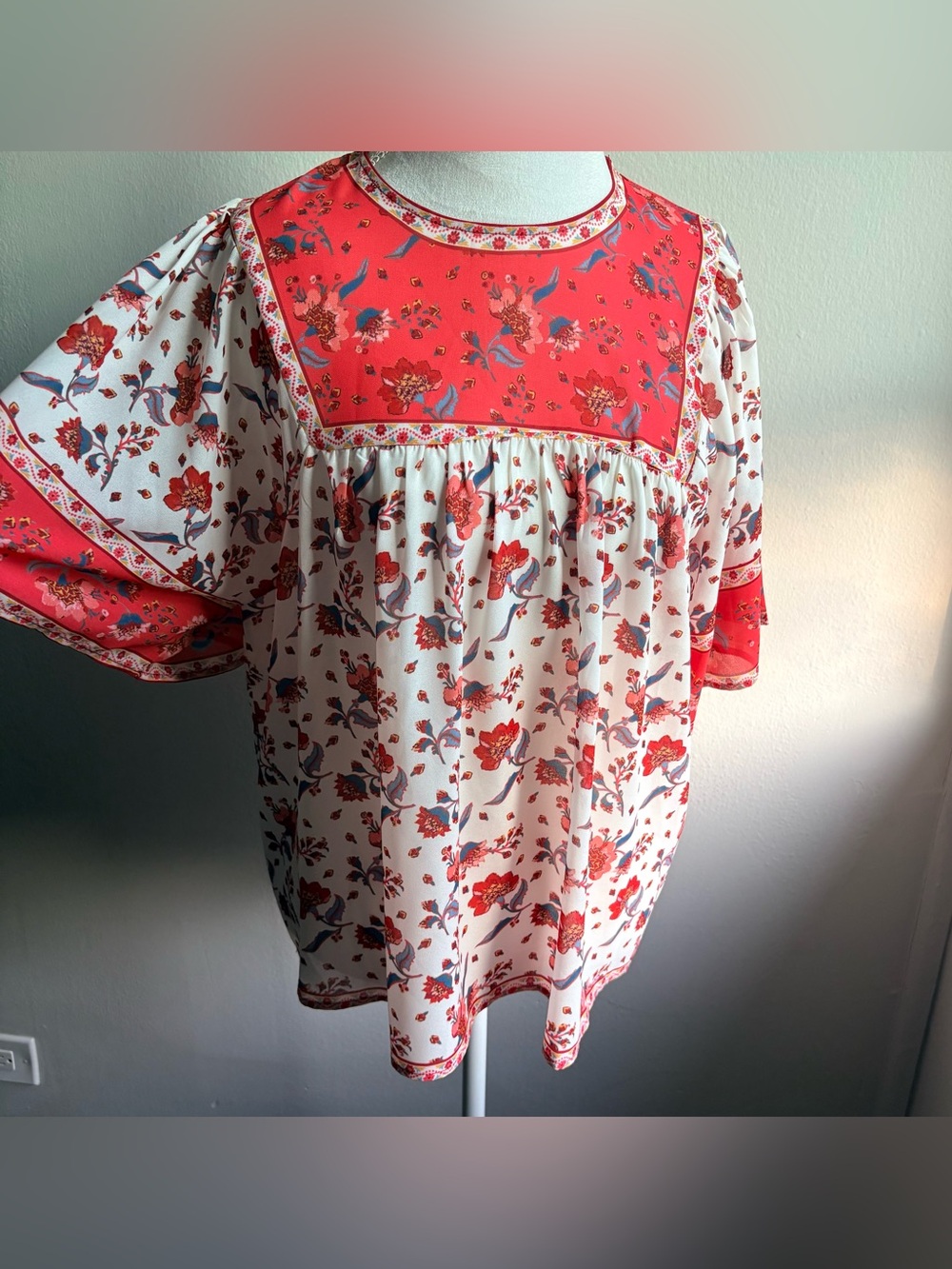 Flying Tomato Red & Cream Floral Peasant Blouse